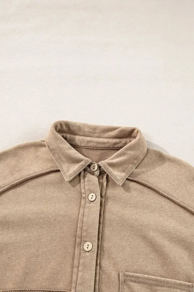 Waffle-Knit Collared Neck Long Sleeve Shacket - Love Salve